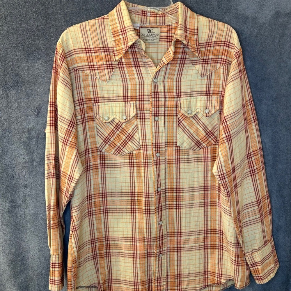 VTG Dee Cee Mens 16-34 Western Pearl Snap Shirt Plaid Sawtooth Orange Burgundy